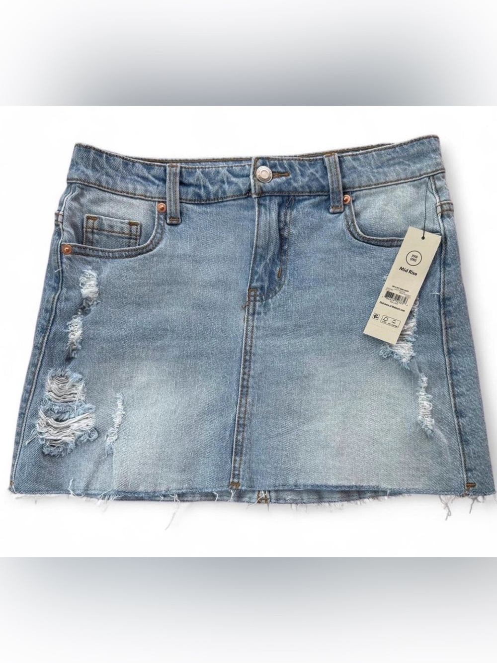 No Boundaries Light Blue Distressed Denim Mini Skirt with Frayed Hem